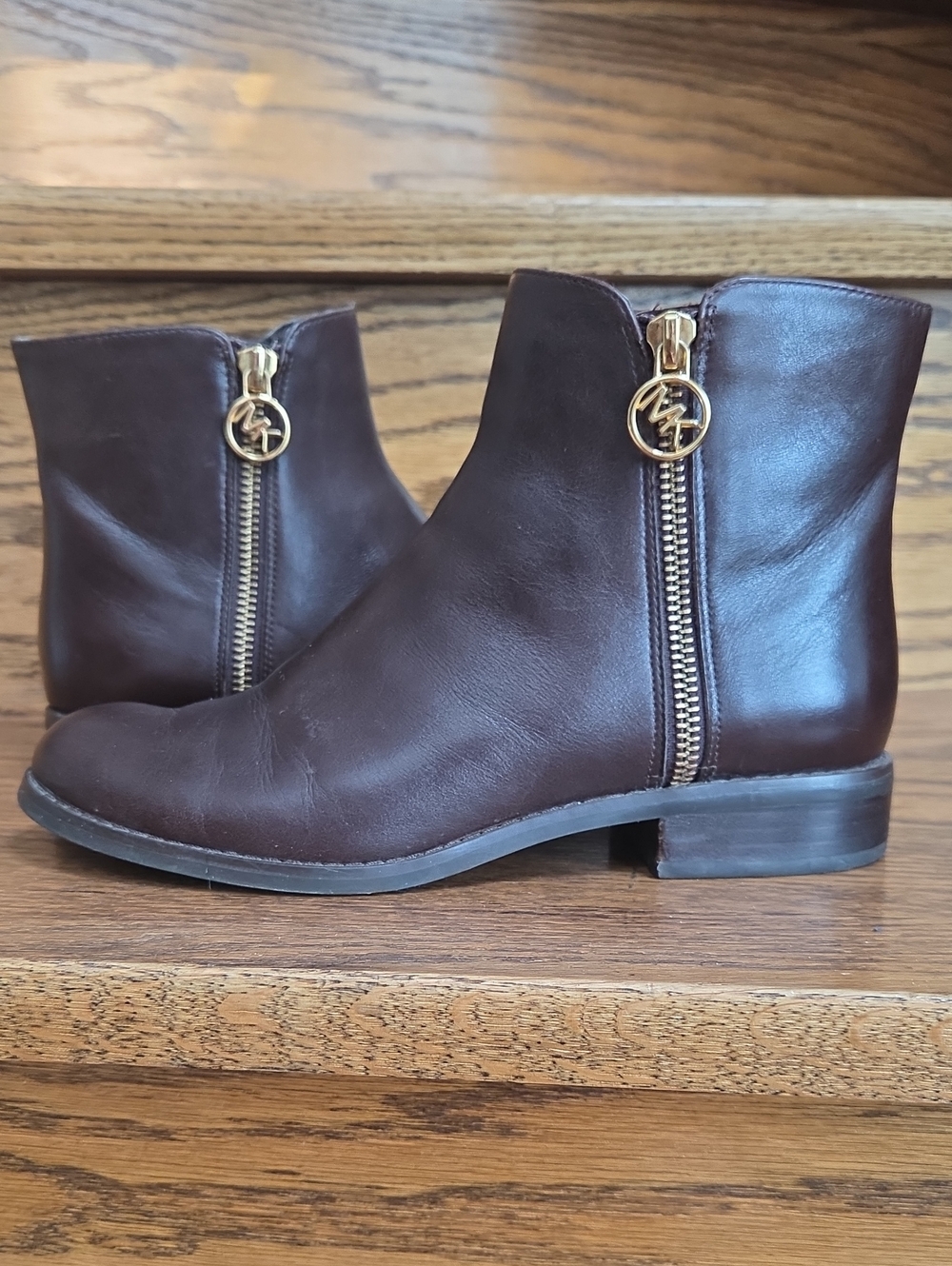Michael Kors Dark Brown Leather Ankle Booties with Gold Zipper Accent